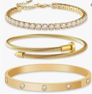 3PC Gold Bracelet Stack Set Tennis Cable & Bangle Bracelets